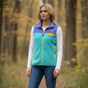 Patagonia Men's Teal, Purple And Yellow Fleece Vest with Yellow Accents